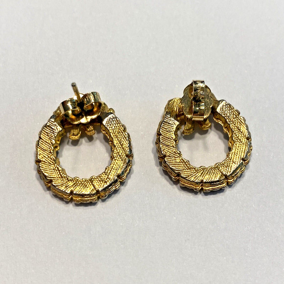 Christmas Holiday Pierced Earrings Red & Green Rhinestones Small Gold Wreaths - Picture 3 of 6